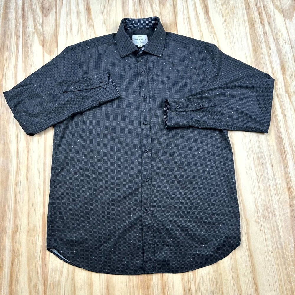 Con.Struct‎ Dress Shirt Men M 15-15.5 33-34 Black Geometric Slim Fit Long Sleeve